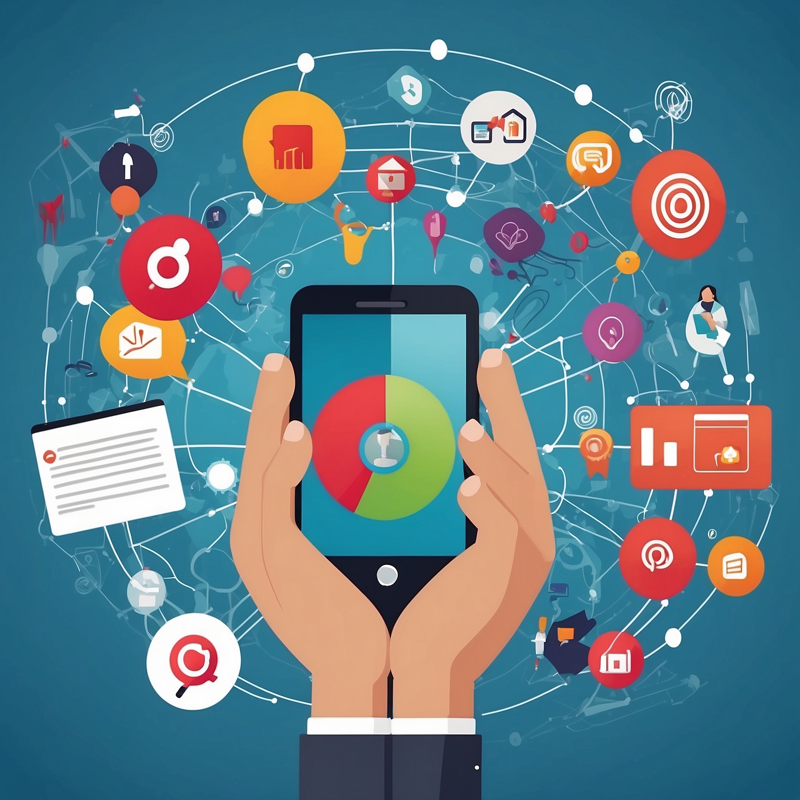 Smartphone connecting social media apps and digital services in a vibrant network illustration.