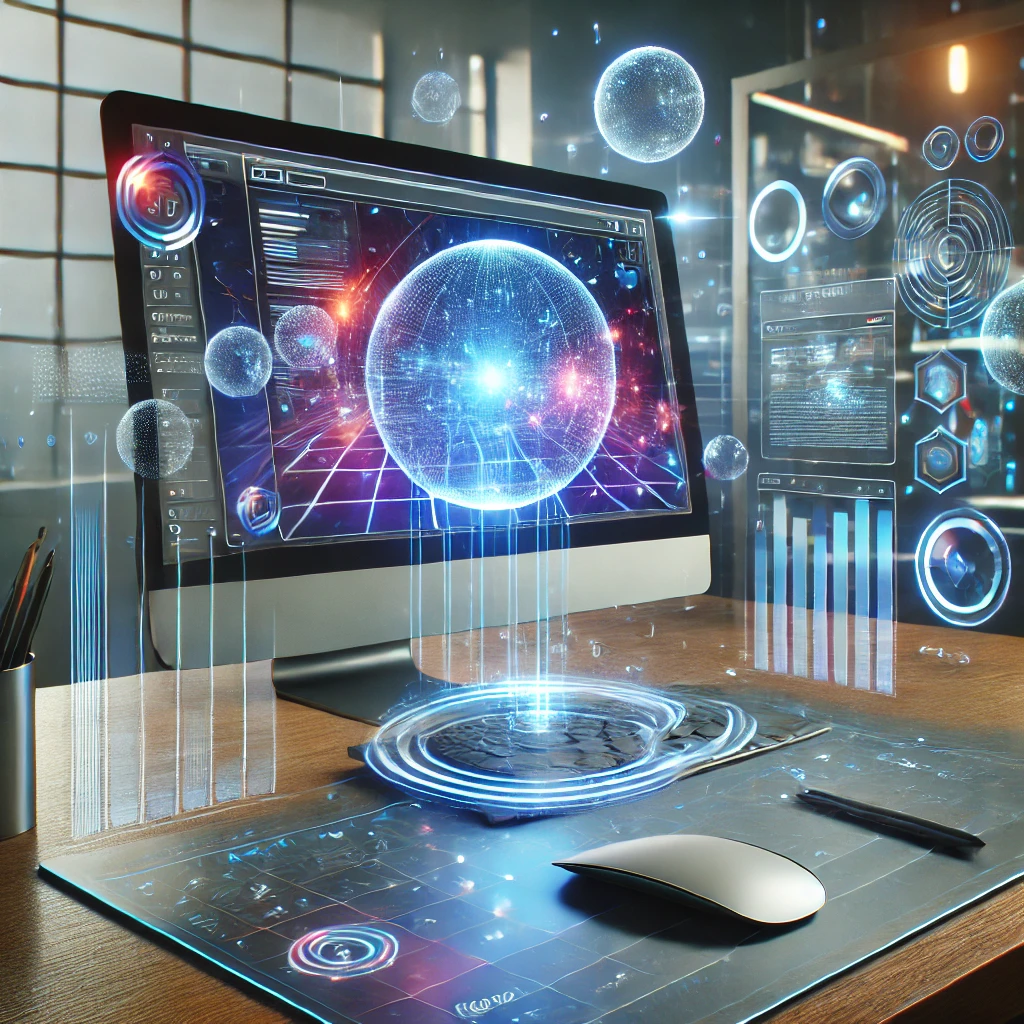 Futuristic AR workspace with holographic display and modern desk design.