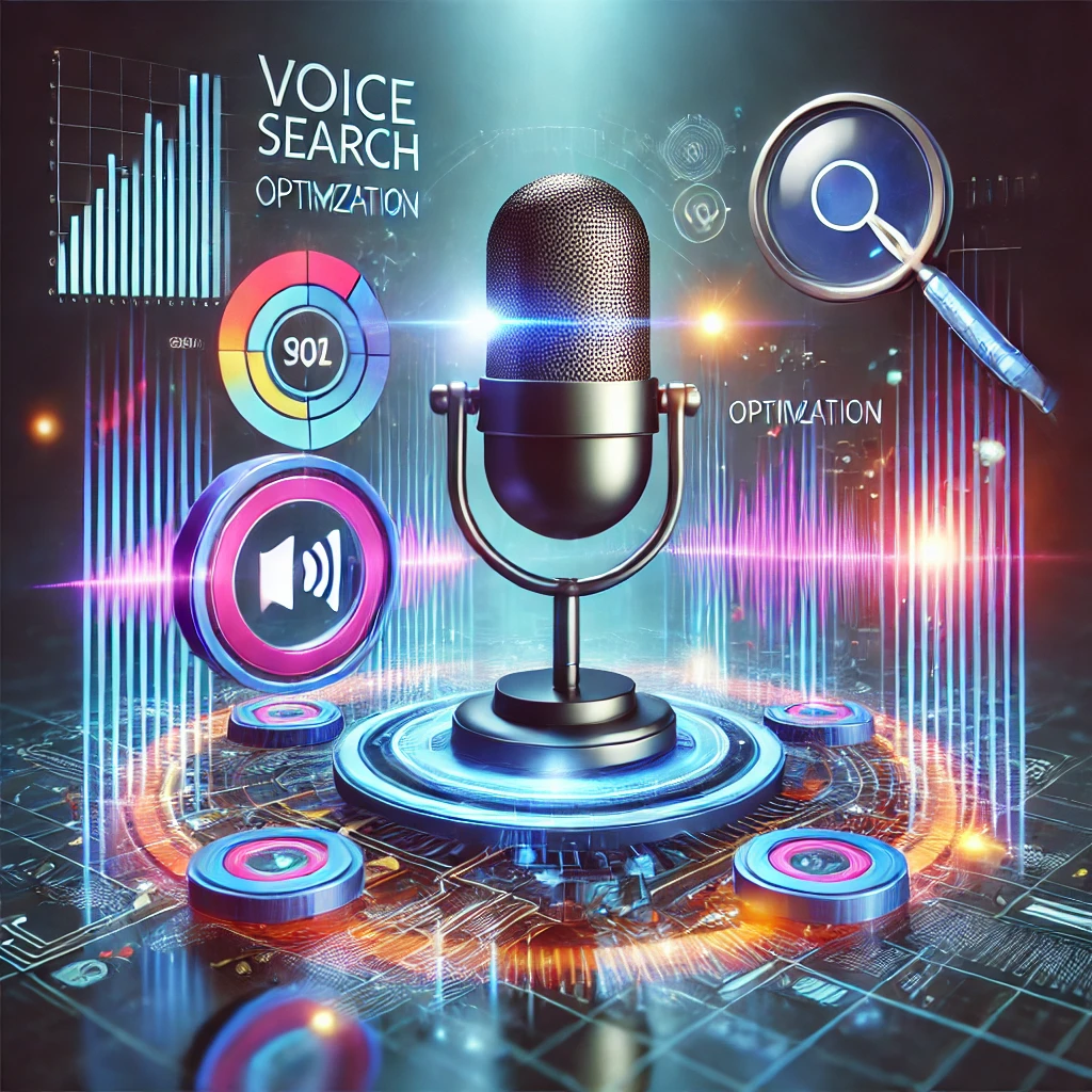 Futuristic voice search optimization with vibrant microphone and digital icons, 2024.