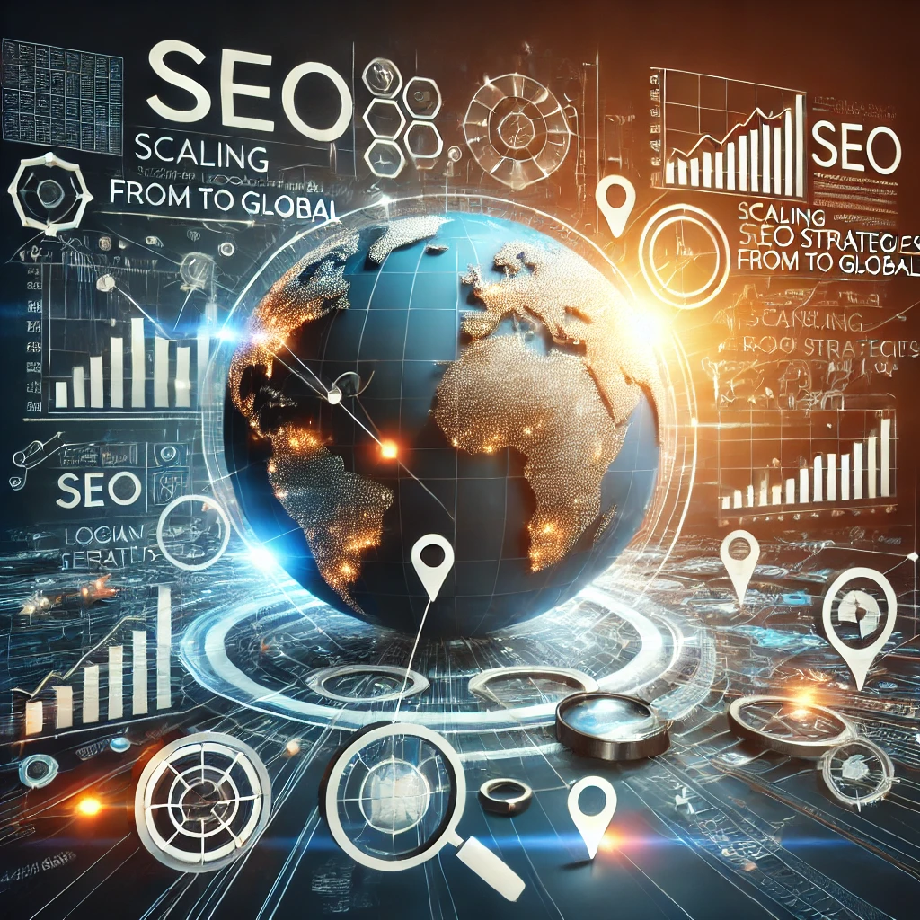 Global SEO strategies visualized with glowing globe and analytical icons.