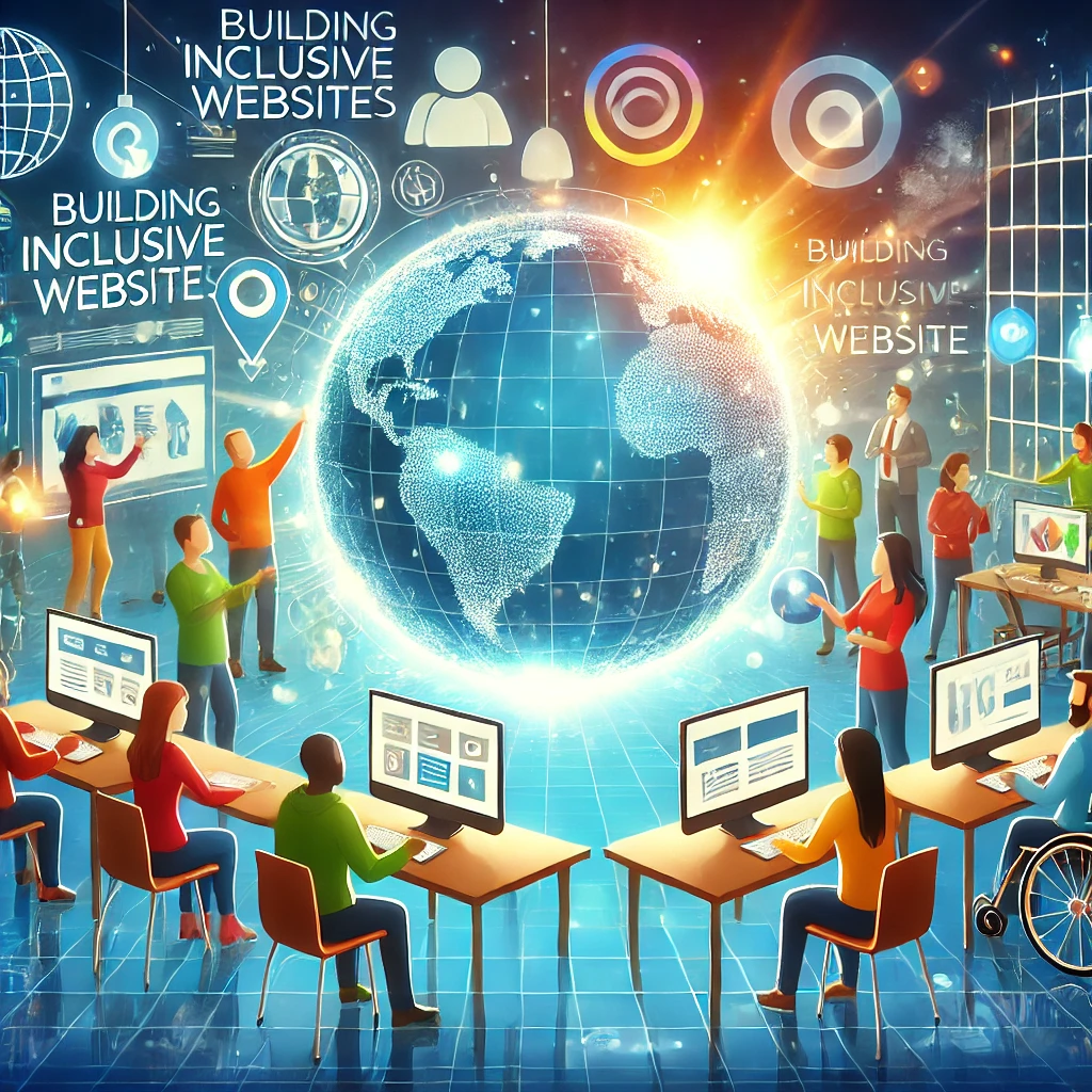 Conceptual illustration of diverse people building inclusive global web technologies.