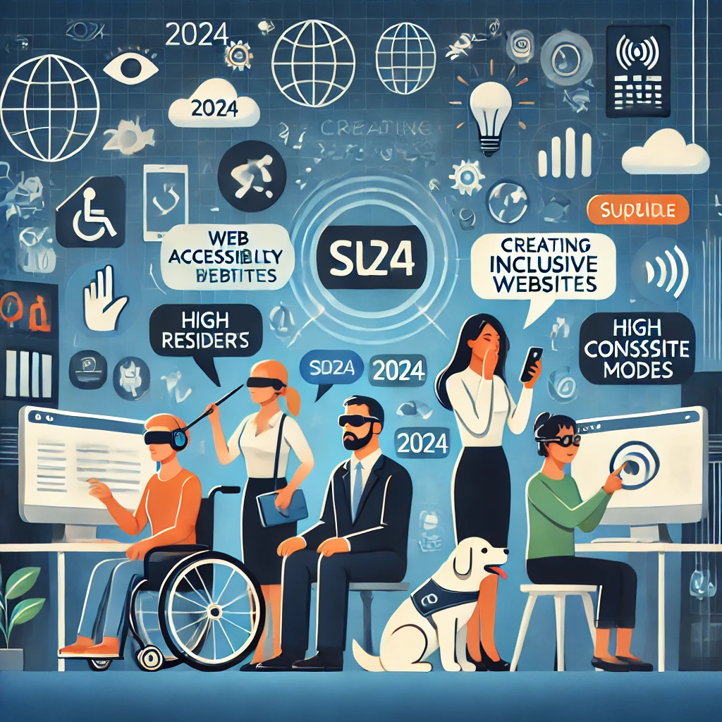 2024 Web accessibility illustration showing diverse users with technology and service dog.