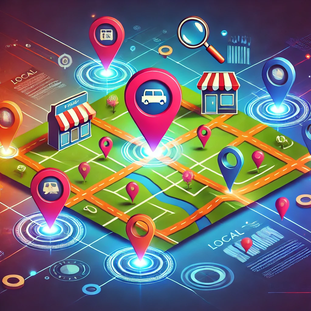 Futuristic digital map with vibrant pathways and interactive local business icons.