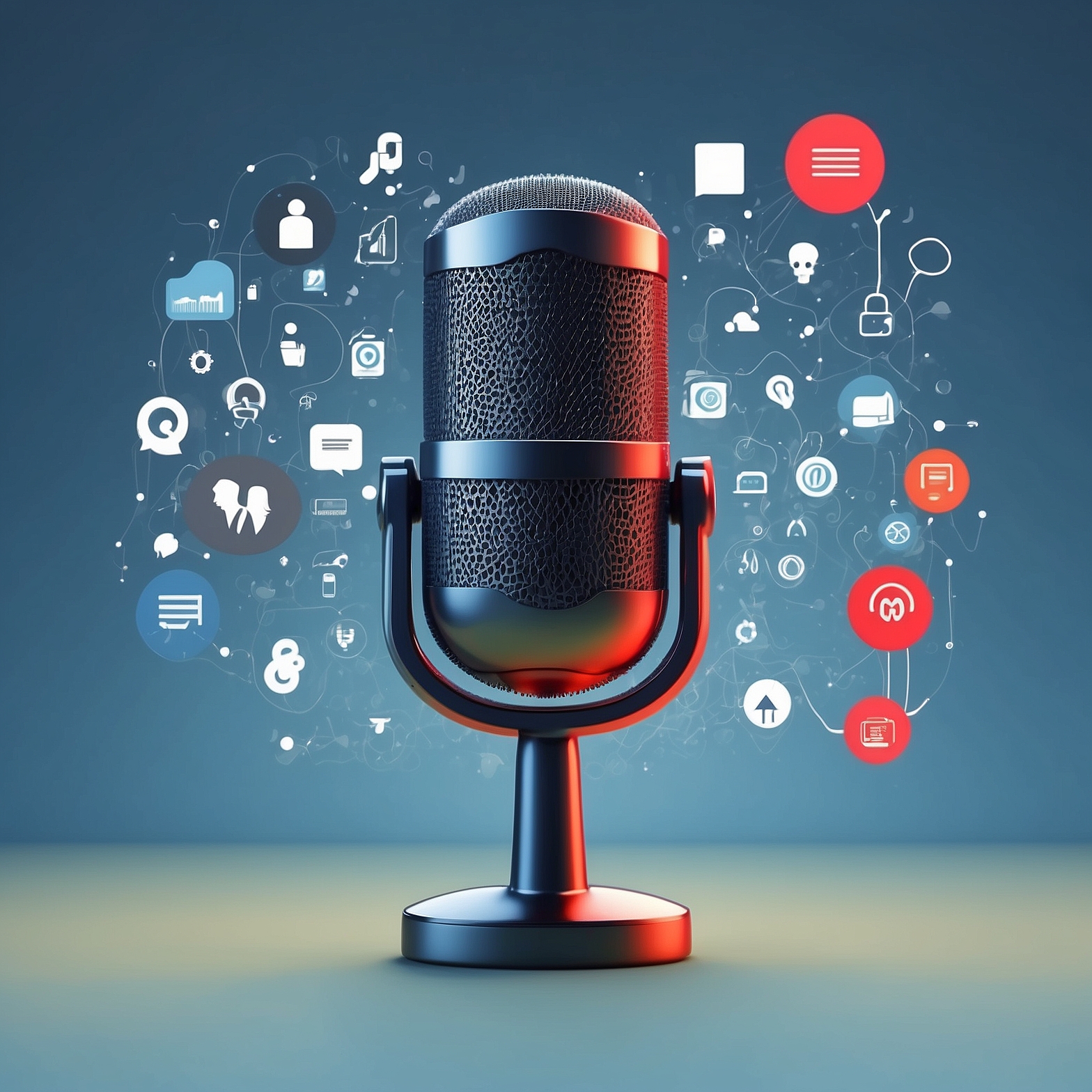 Modern microphone with digital icons representing voice search optimization.