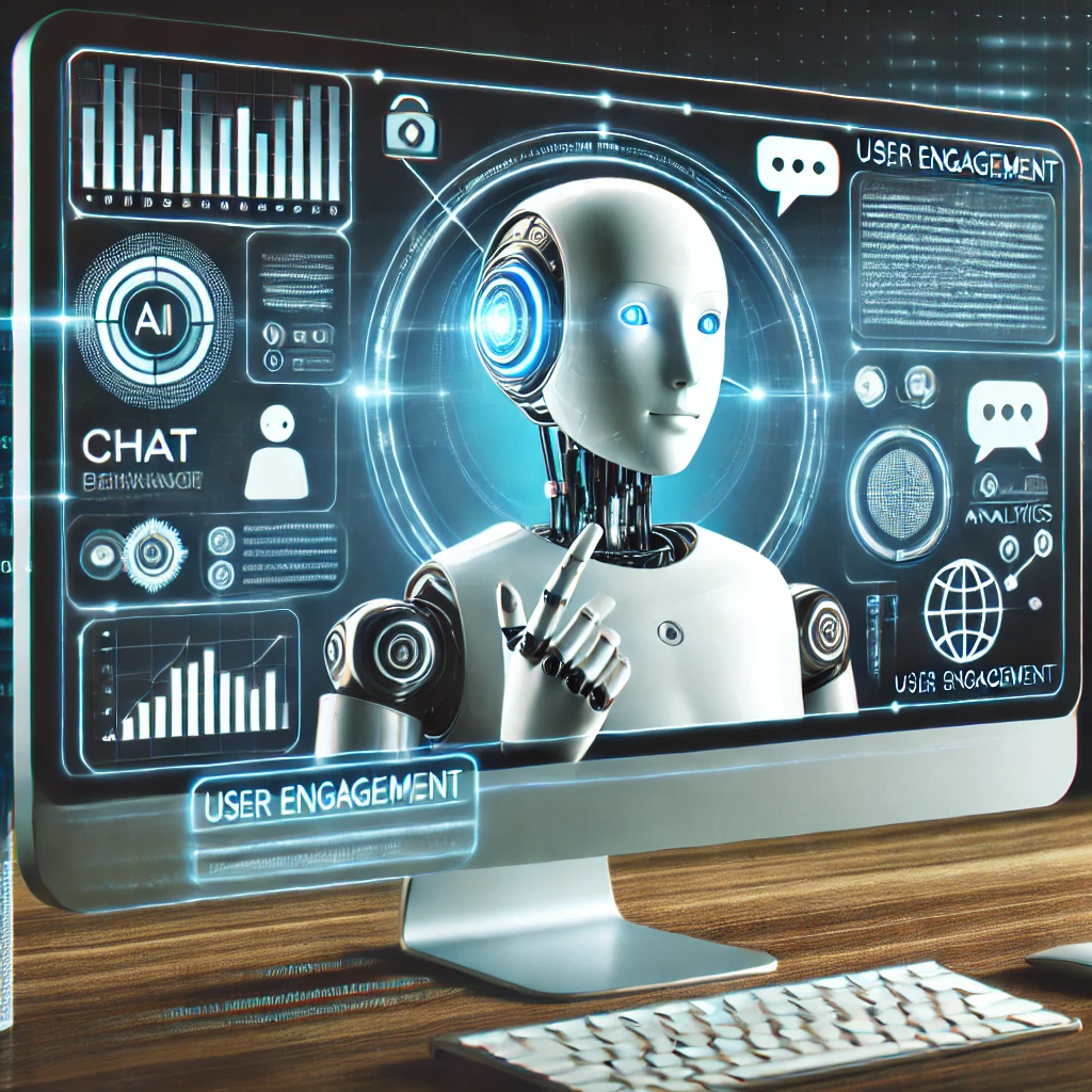 Futuristic robot analyzing digital data on advanced AI interface for user engagement.