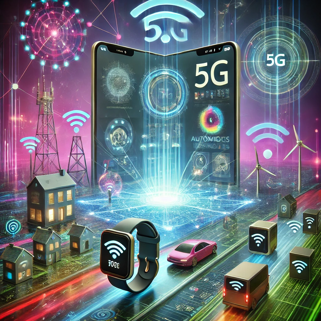 Futuristic smart city network with 5G integration, IoT devices, and advanced telecommunications technology.