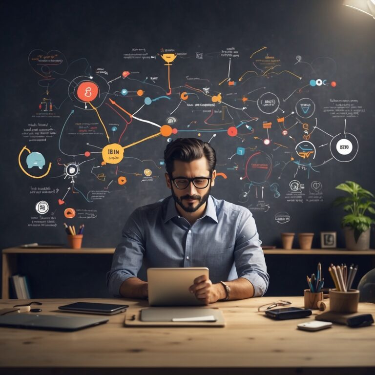 Young professional working intently at a neatly organized, strategic workspace.