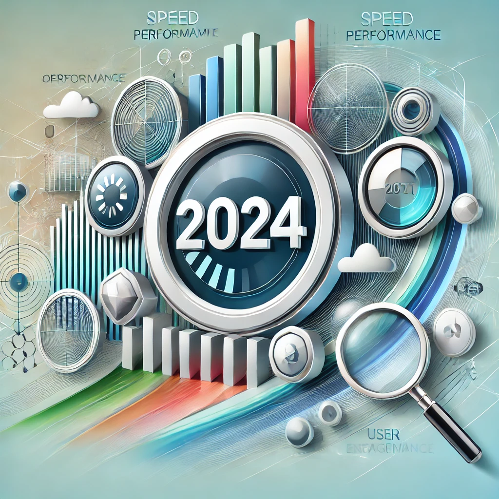 2024 digital web optimization featuring futuristic tech symbols and performance metrics.