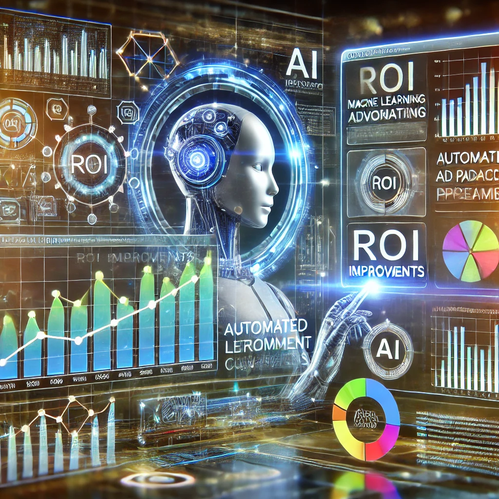 Futuristic AI robot optimizing business analytics with digital dashboards and graphs.