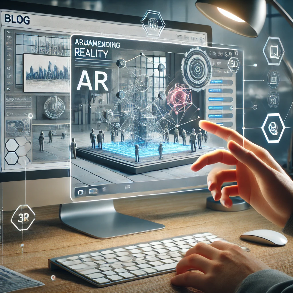 Modern AR workspace with interactive 3D graphics and high-tech workstation elements for enhanced digital visualization.