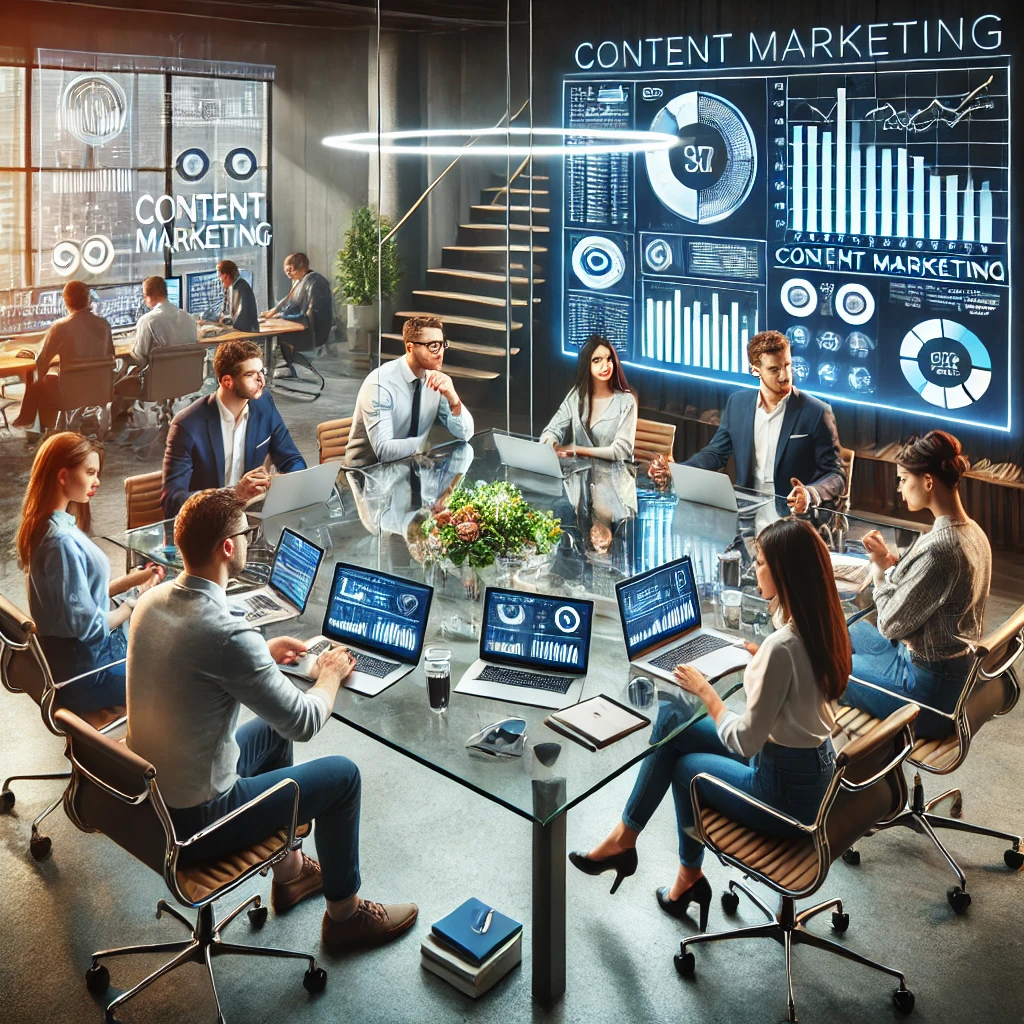 Modern office with digital marketing team strategizing around a glass table.