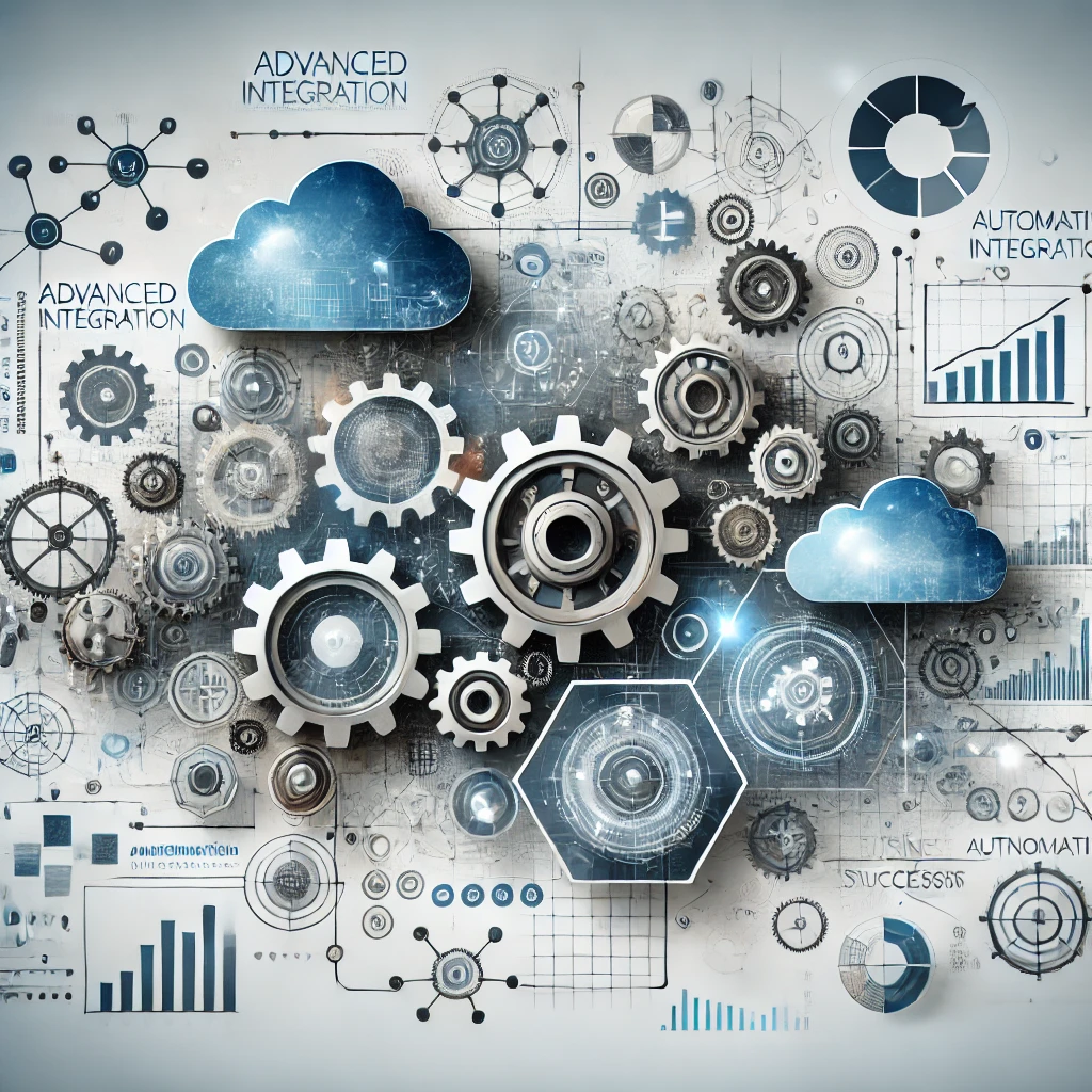 Digital collage of gears, clouds, and graphs symbolizing technology integration and business analytics.