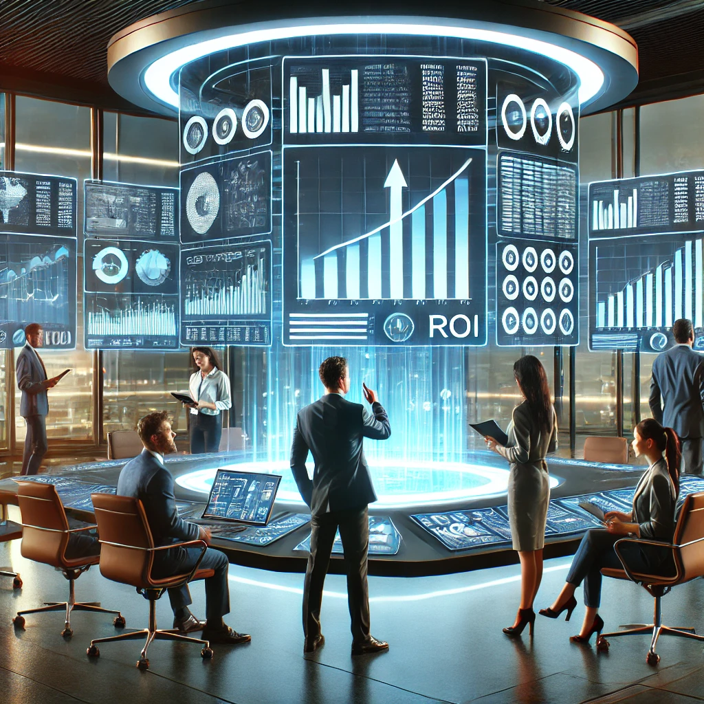 Futuristic command center with diverse professionals analyzing advertising data on holographic screens.