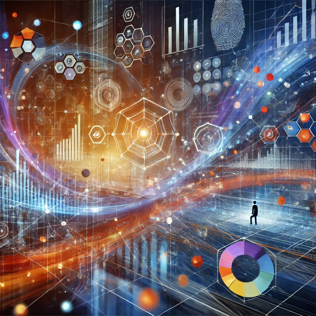 Futuristic digital analytics visualization with interconnected data points and graphs.