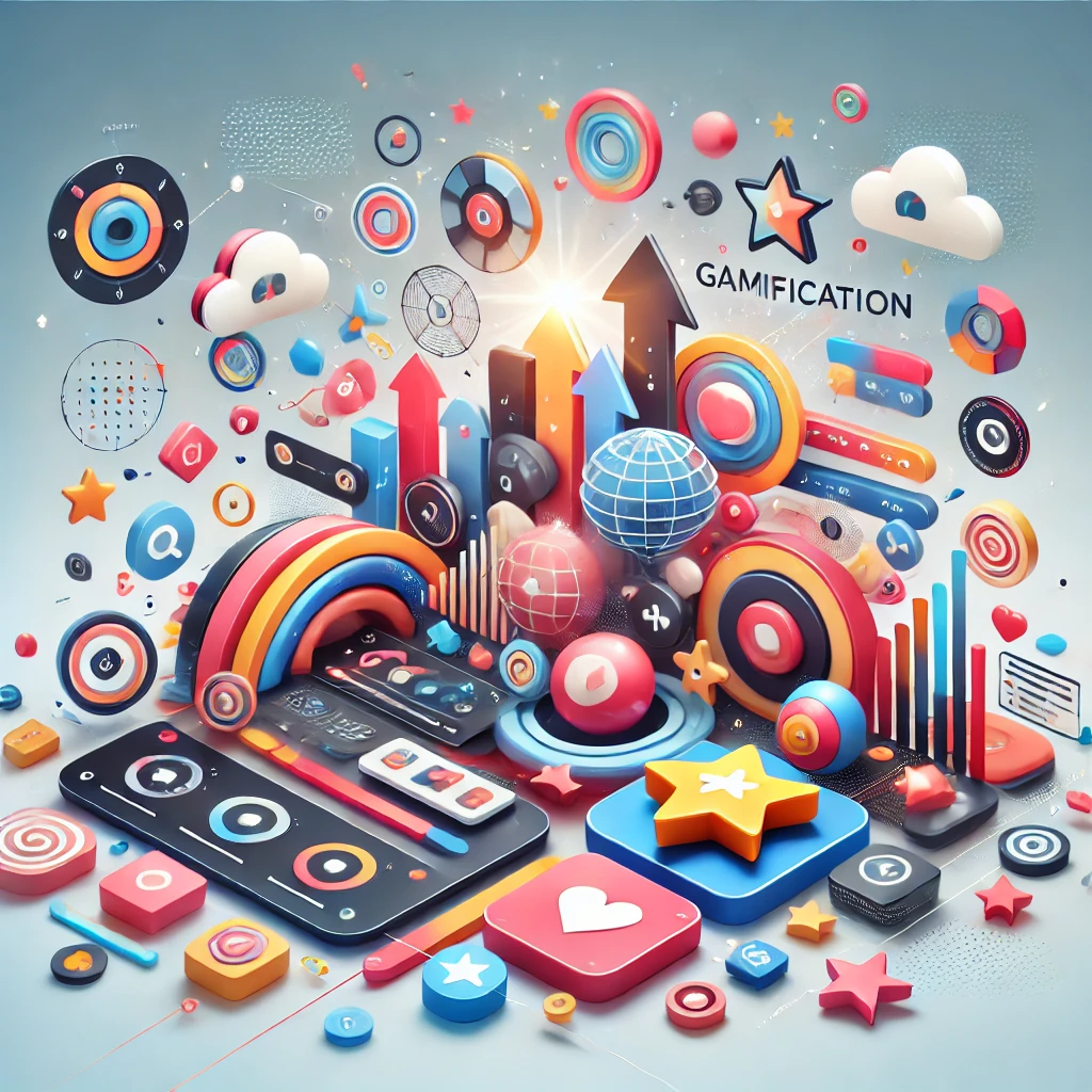 Colorful illustration of gamification in digital technology with interactive social and gaming icons.