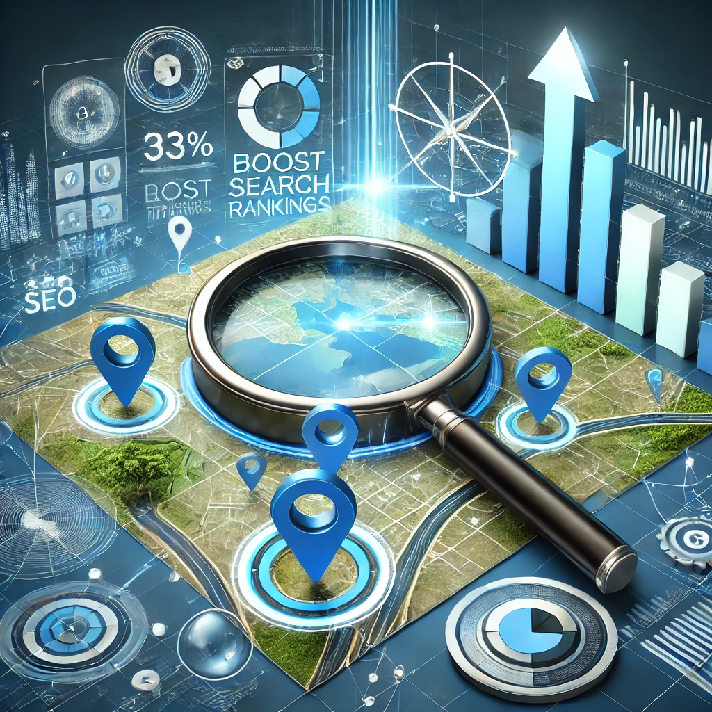 SEO analytics visual with magnifying glass on digital map with data overlays and global connectivity.