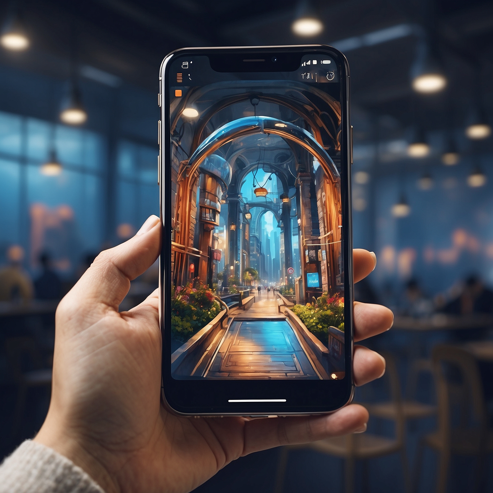 Person holding smartphone with futuristic AR corridor display in a cafe setting.