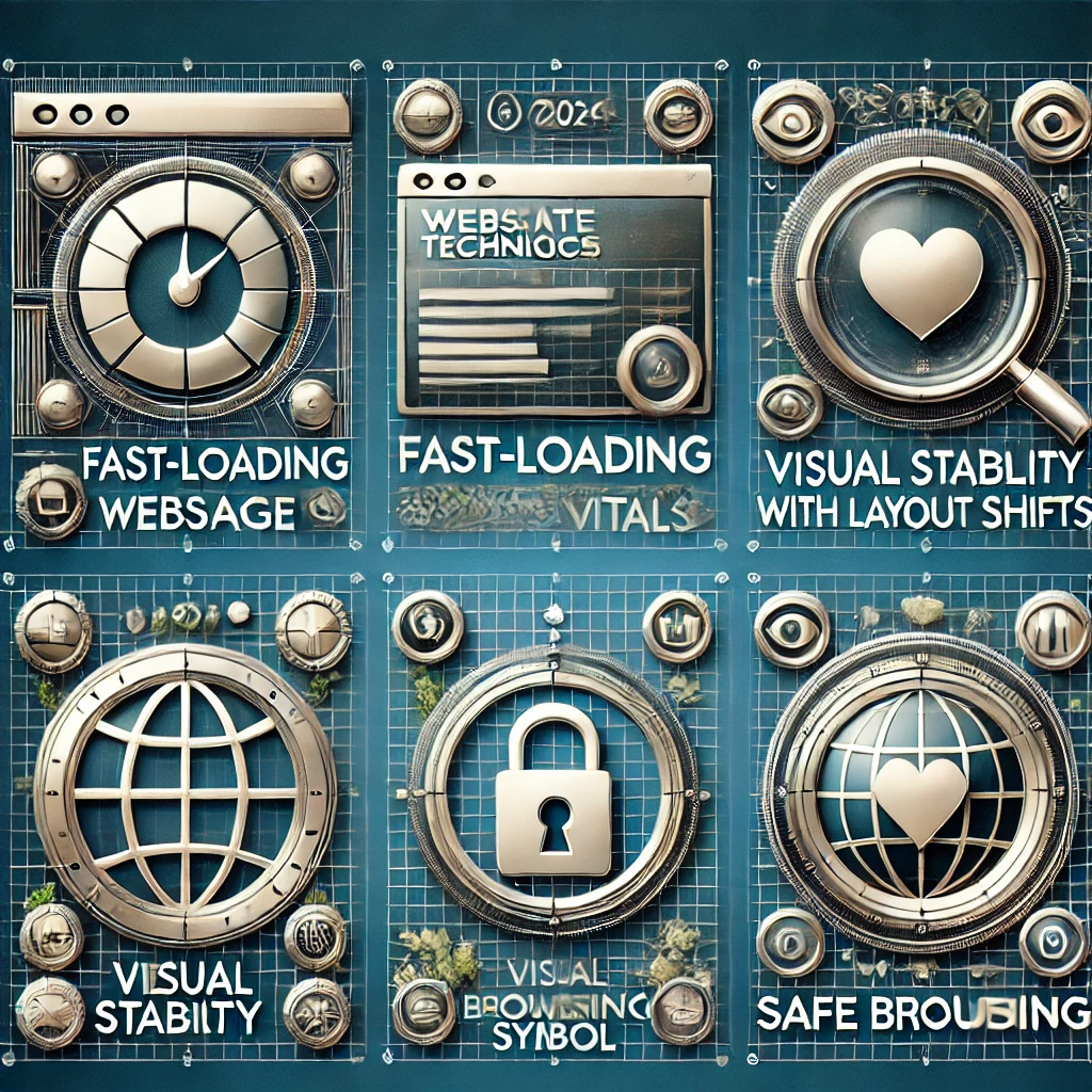 Digital collage of six panels illustrating web performance and security techniques.