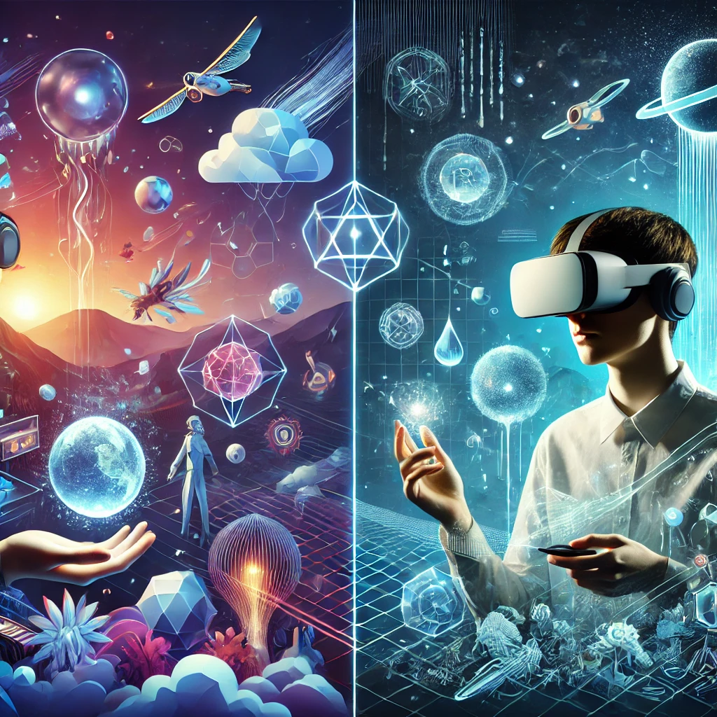 Split-screen image of AR technology exploration and VR immersion with futuristic elements.