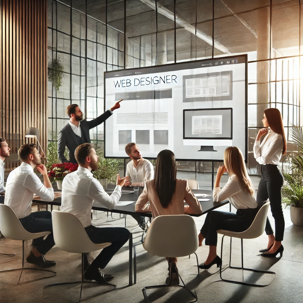 Team of web designers strategizing around a digital screen in a modern office.