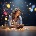 Woman using tablet in a cozy, dimly-lit creative workspace with floating lights.