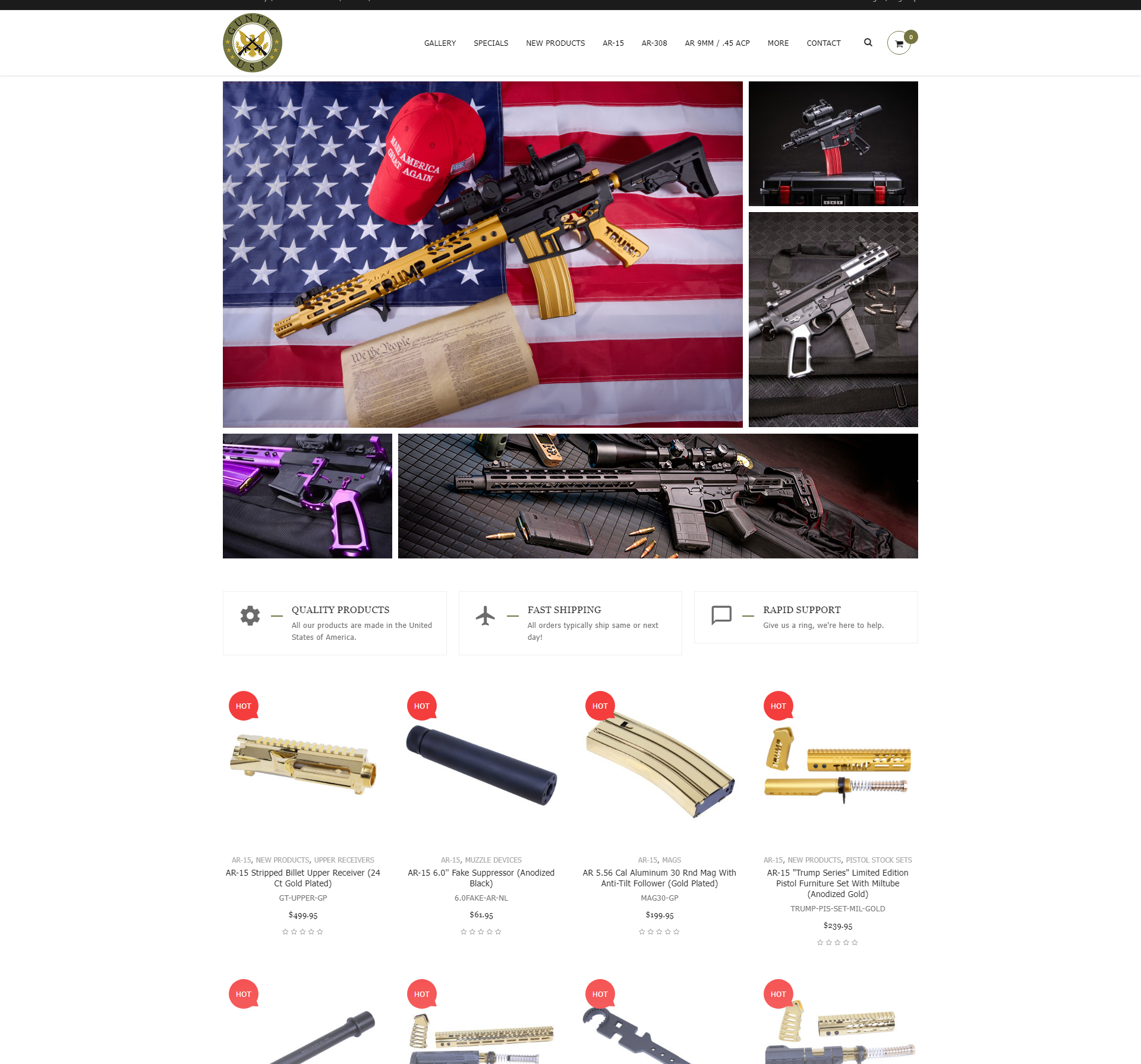 AR-15 rifle displayed on American flag on firearm e-commerce site.