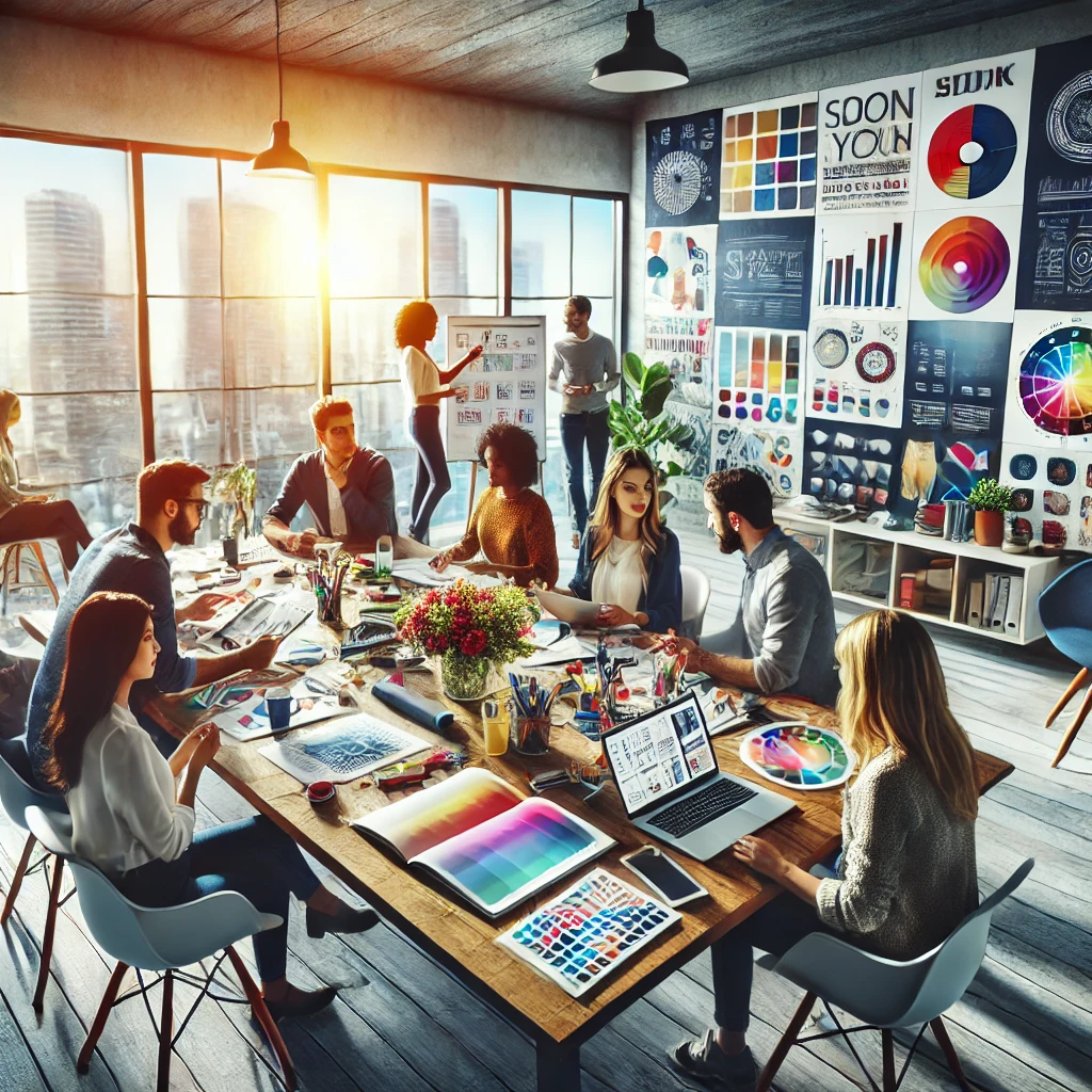 Diverse professionals in a vibrant office brainstorm around a table filled with creative tools.