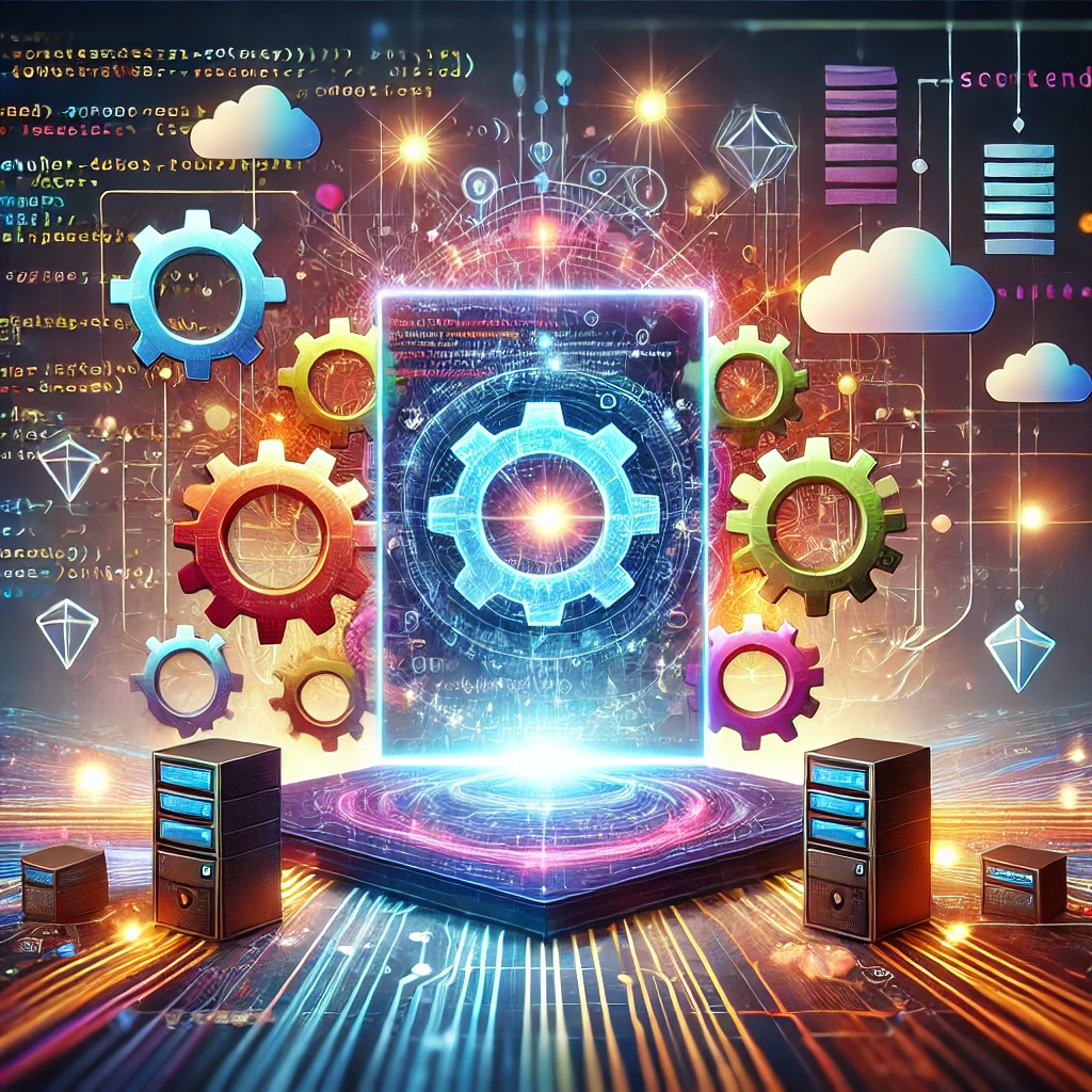 Concept art of interconnected gears depicting full-stack web development in vibrant colors.