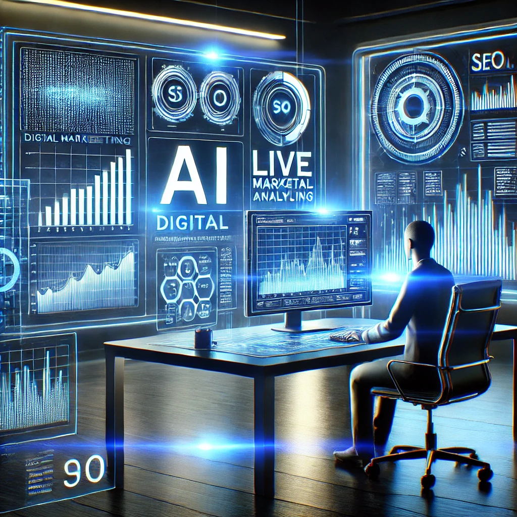 Futuristic command center with high-tech digital marketing dashboards and AI analytics.