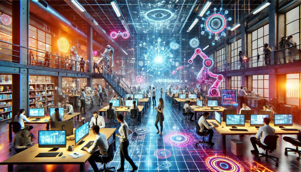 Futuristic digital innovation lab with interactive holograms and vibrant lighting.