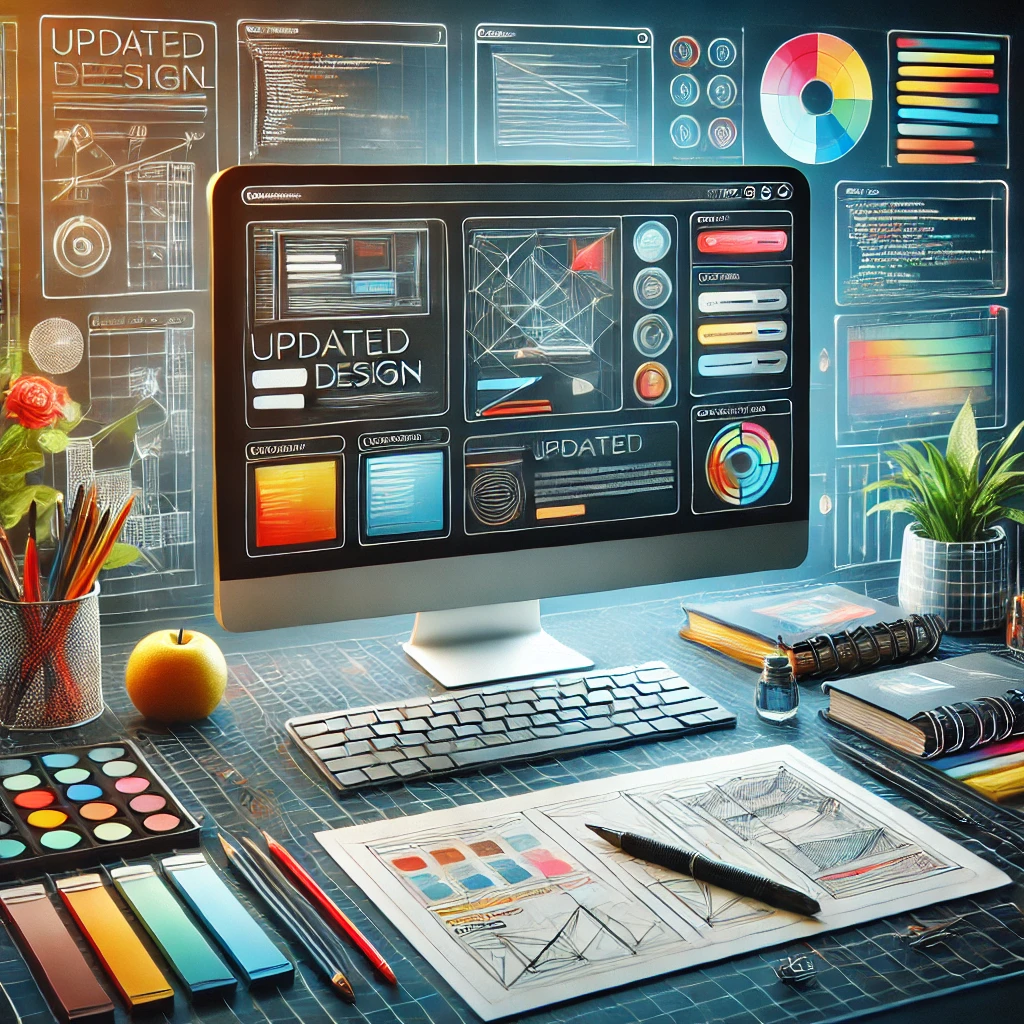 Modern graphic designer workspace with digital and manual tools, vibrant UI designs on screen.