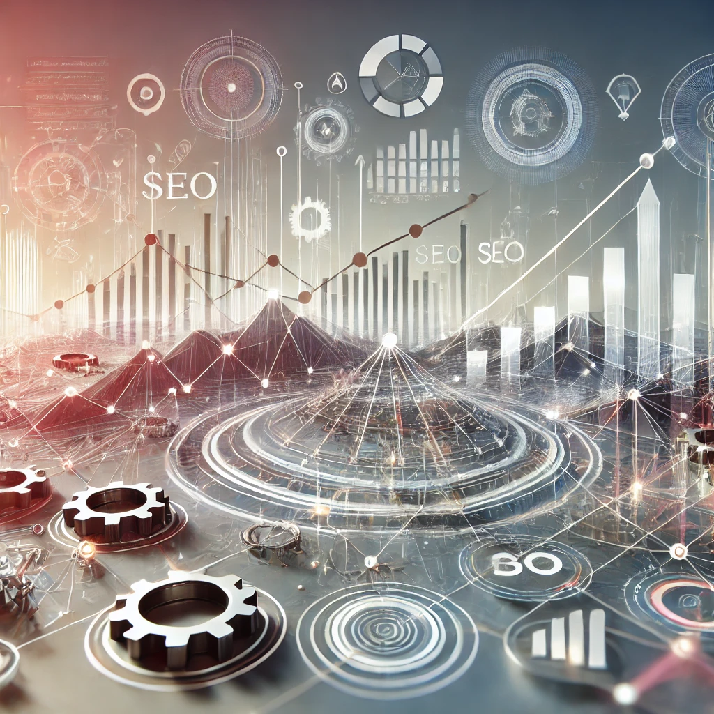 Futuristic SEO and digital marketing landscape with interconnected technology and analytics.