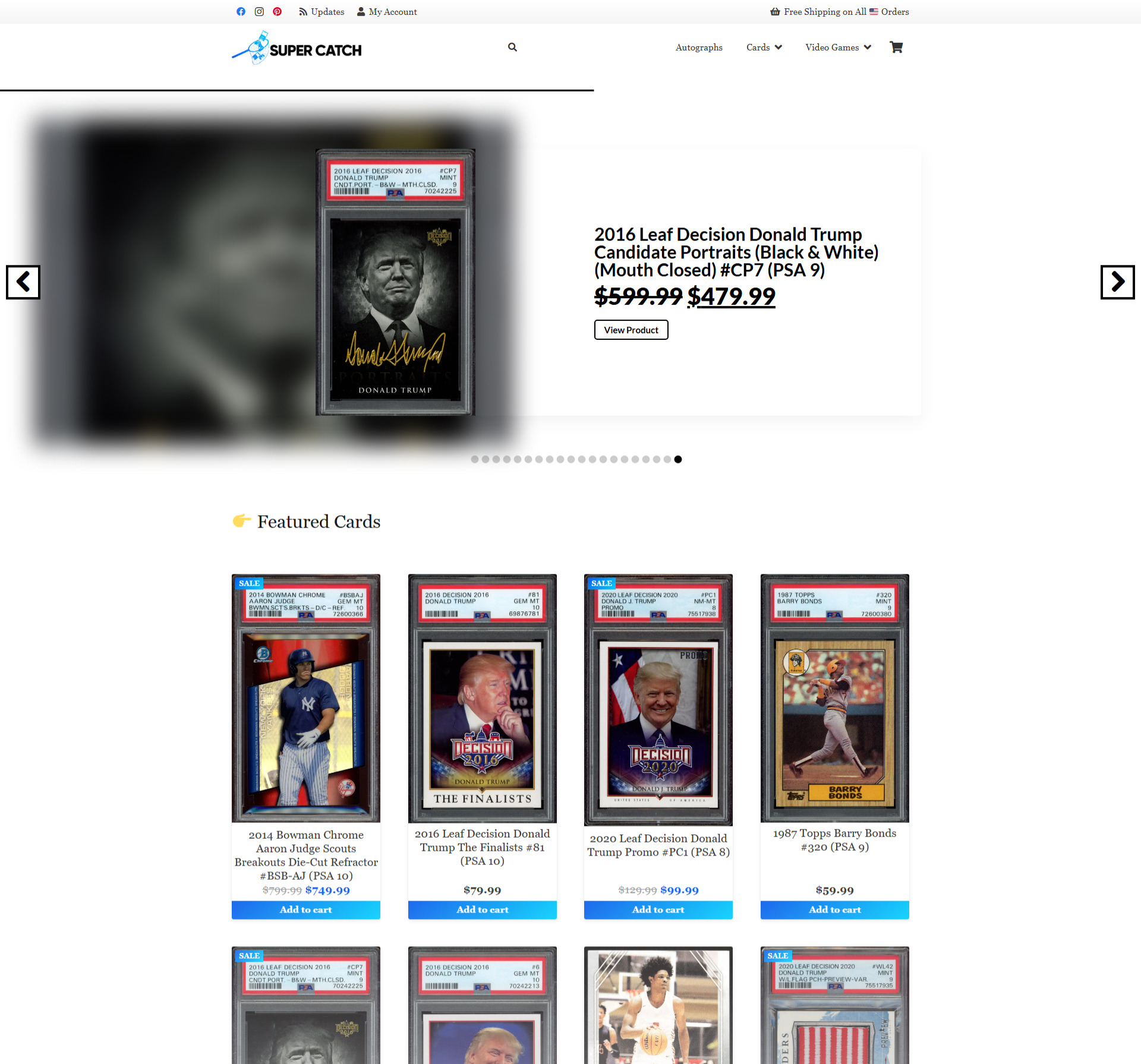 Discounted Donald Trump collectible card among various political figures for sale.