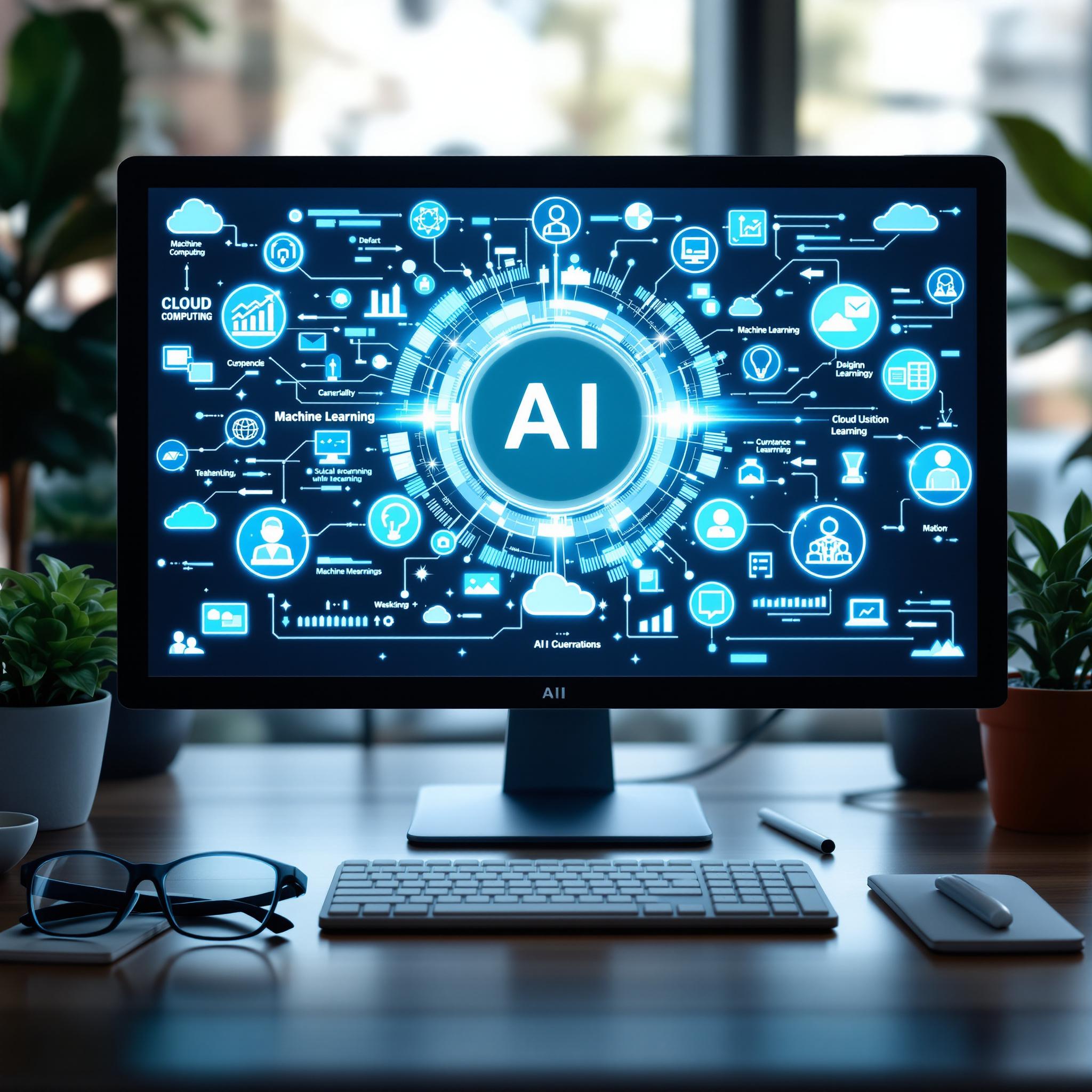 Modern AI technology workspace with computer, smart glasses, and green plants on wooden desk.