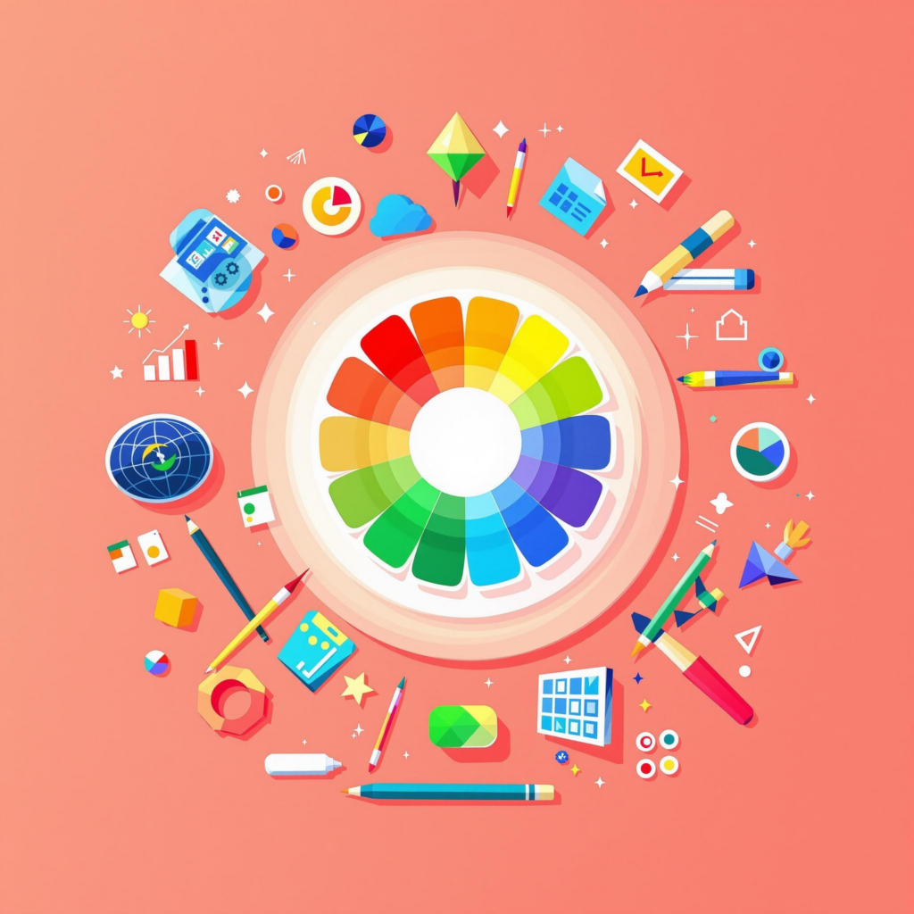 Color wheel and art supplies encapsulate creativity in educational web design.