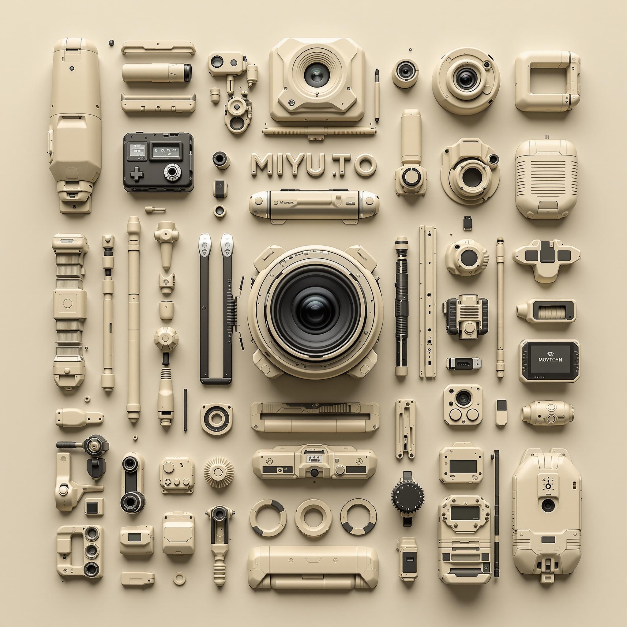 Symmetrical arrangement of beige photography gear and accessories on a uniform background.