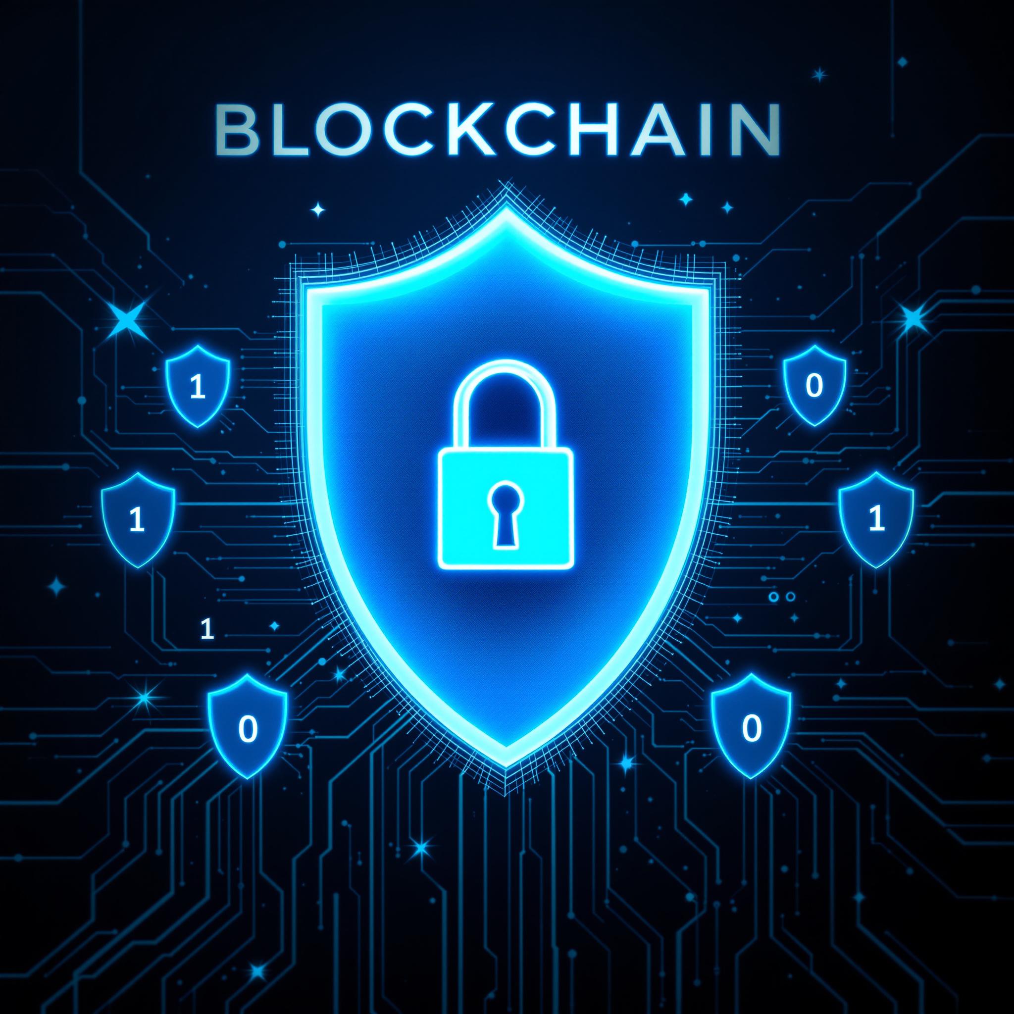 Digital blockchain concept with secure blue shield and neon circuit background.