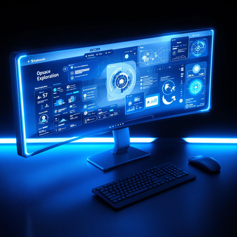 Futuristic computer setup with interactive space exploration UI in cool blue tones.