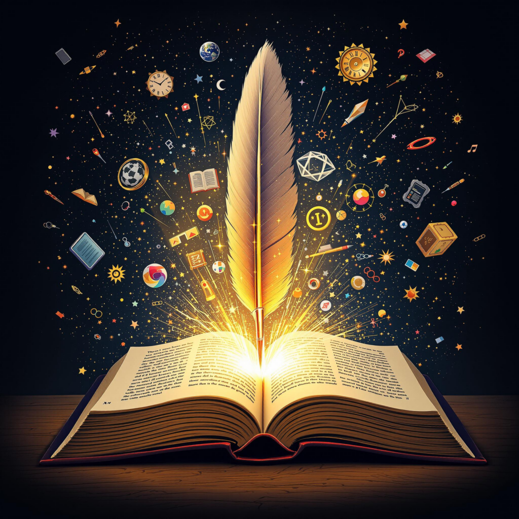 Digital artwork of a glowing book with quill and floating educational icons on a starry background.