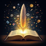 Digital artwork of a glowing book with quill and floating educational icons on a starry background.