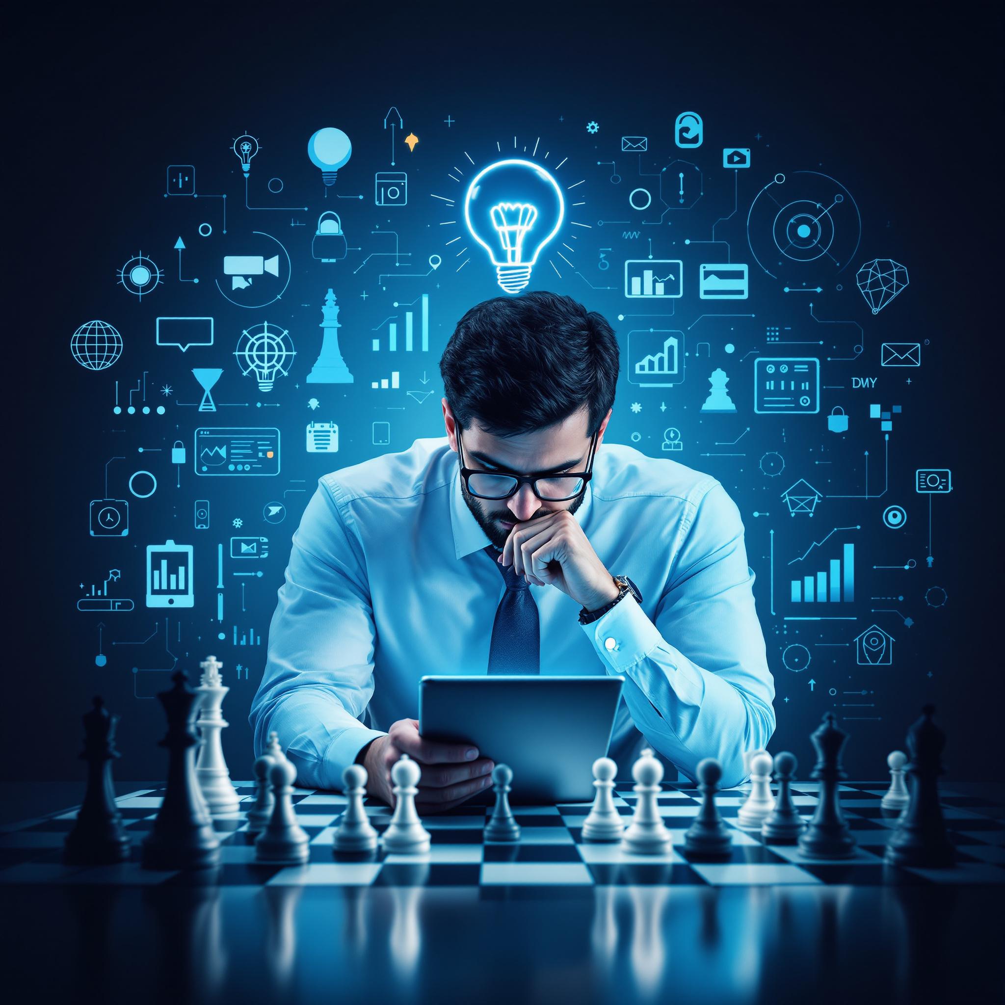 Businessman analyzes data on tablet amidst digital icons and chessboard, highlighting strategic planning.