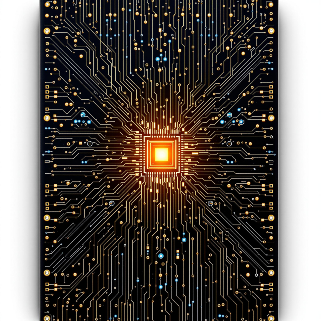 Detailed circuit board with central gold chip and radiant blue pathways, symbolizing advanced technology.