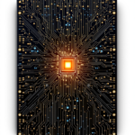 Detailed circuit board with central gold chip and radiant blue pathways, symbolizing advanced technology.