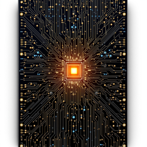 Detailed circuit board with central gold chip and radiant blue pathways, symbolizing advanced technology.