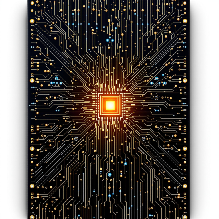 Detailed circuit board with central gold chip and radiant blue pathways, symbolizing advanced technology.