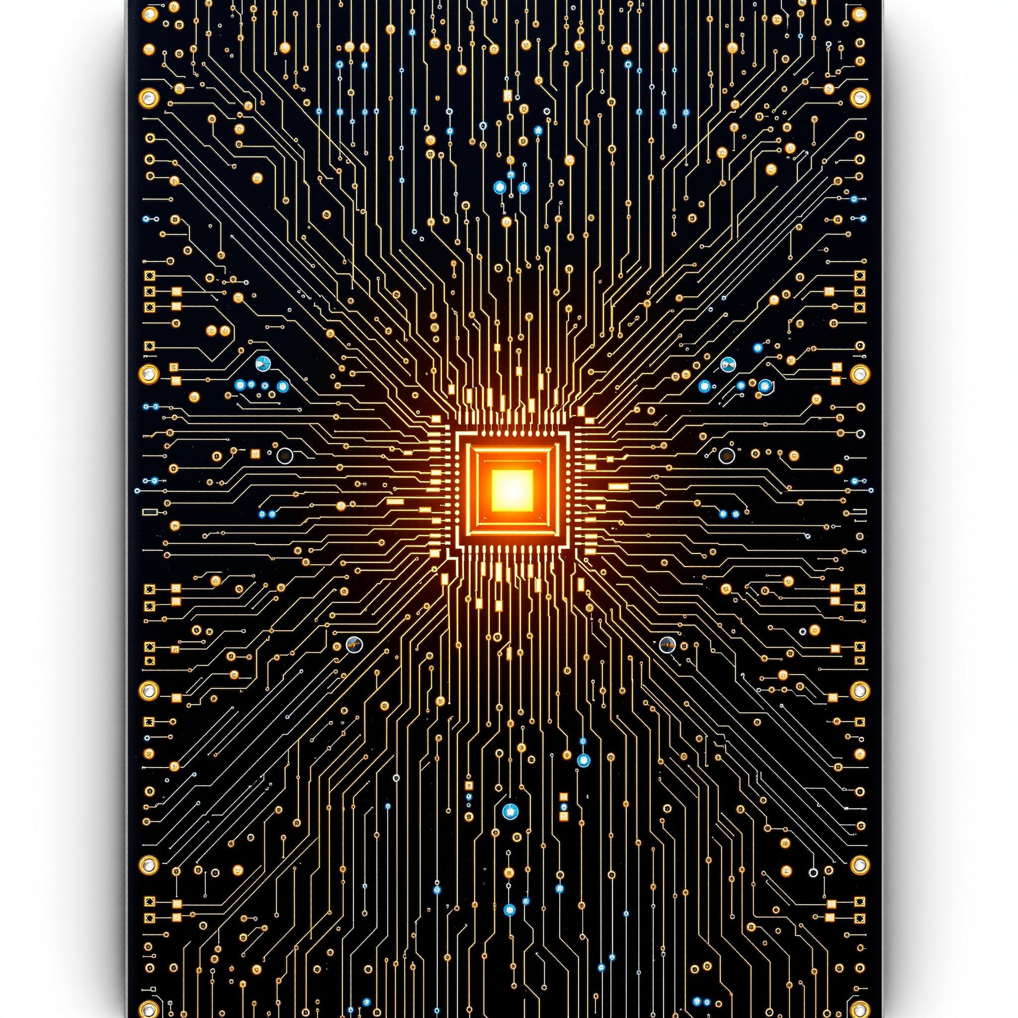 Detailed circuit board with central gold chip and radiant blue pathways, symbolizing advanced technology.