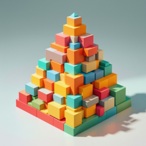 Colorful 3D pyramid of stacked cubes in vibrant shades and dynamic lighting on neutral backdrop.