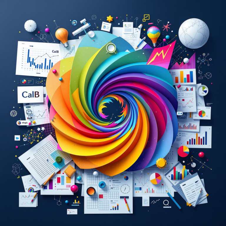 Colorful vortex with analytical tools underscores creative and precise branding design.