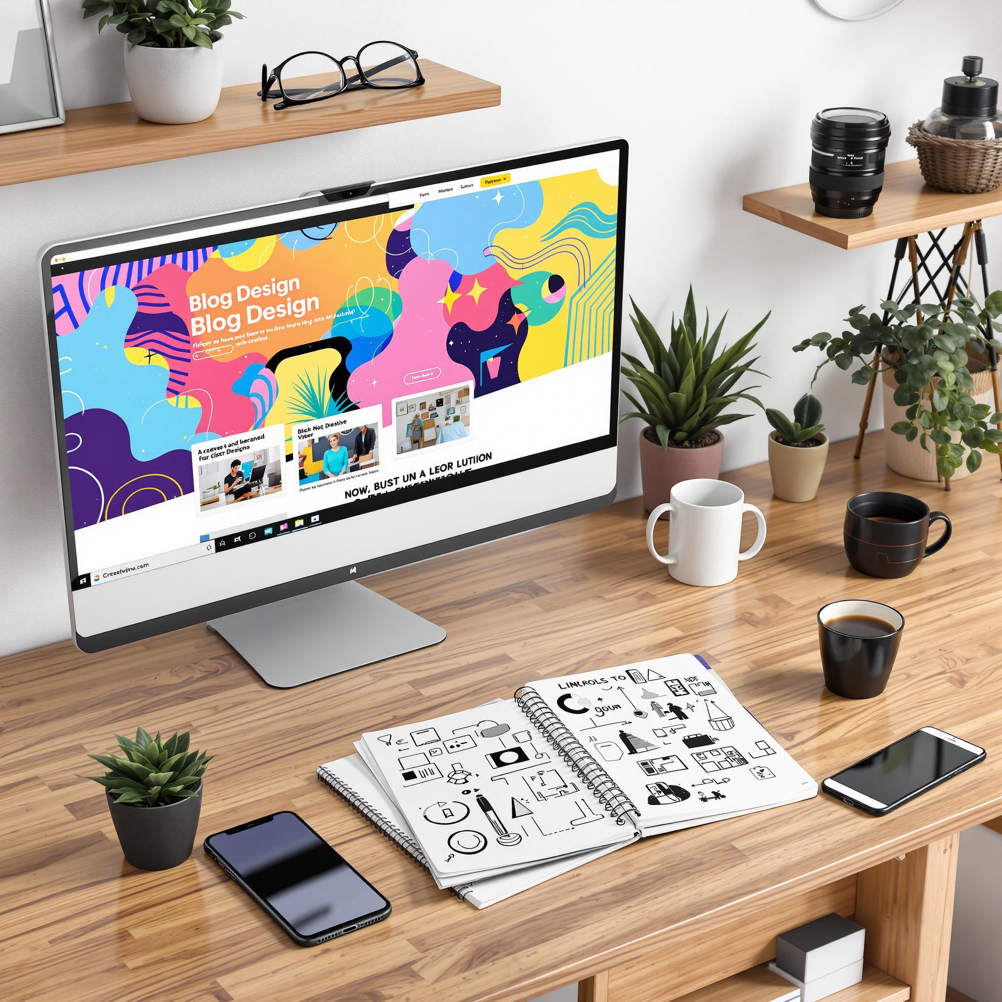 Modern workspace with vibrant blog design on monitor, sketchbook, and stylish decor.