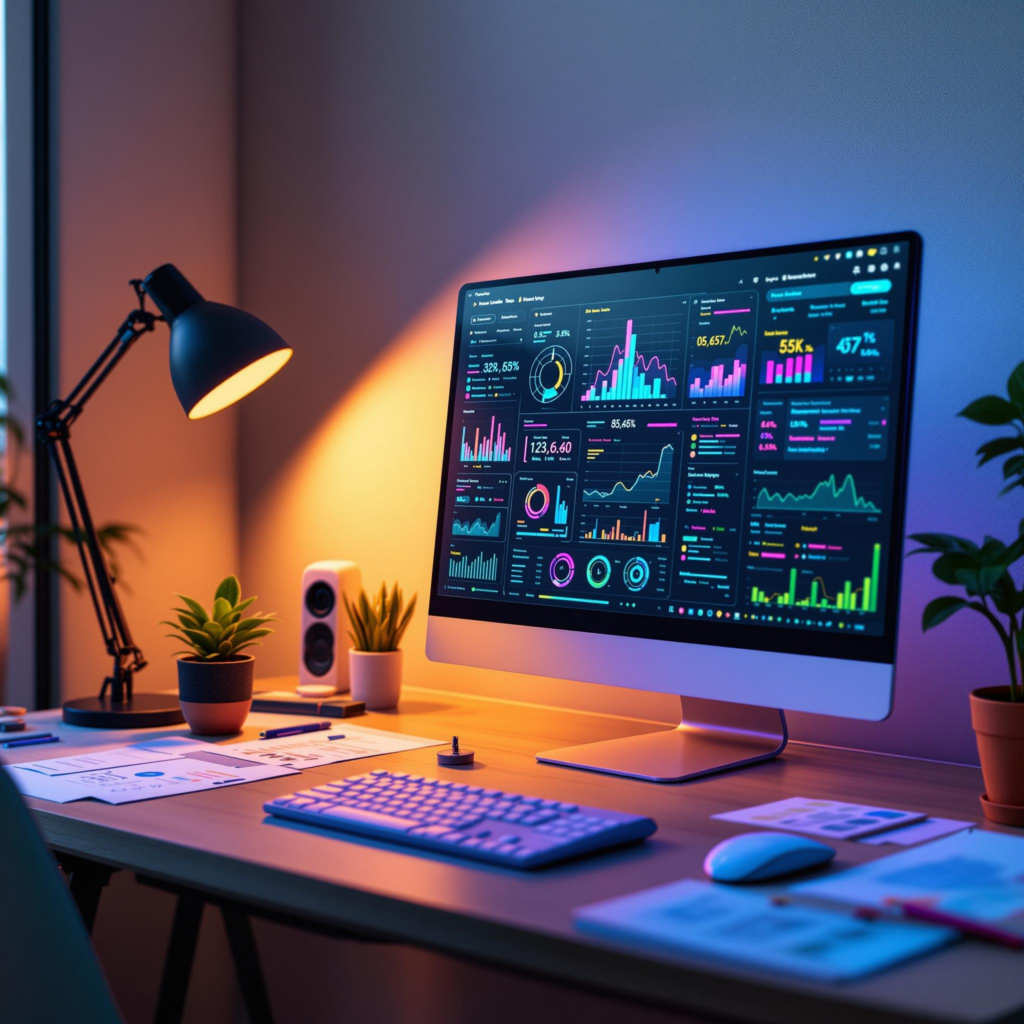 Modern workspace with high-tech monitor displaying data graphs, surrounded by plants and warm lighting.